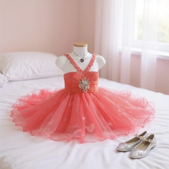 Sherri Hill ✦ Coral Tulle Dress Girls 12 ✦ Beaded Straps Jeweled Brooch Pageant - Picture 3 of 17